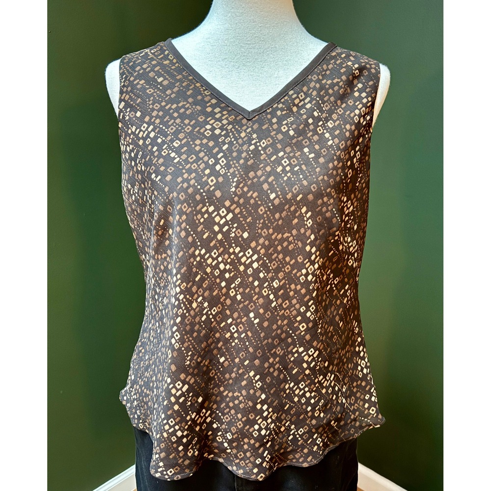 Vintage STUDIO I Sleeveless V-Neck Geometric Print Brown‎ Top Women's Size 14